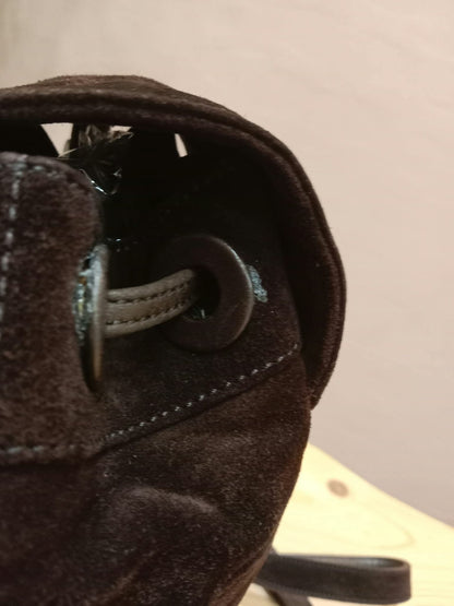 Chanel Vintage Karl Lagerfeld Dark Brown Suede Backpack featuring stitched CC Logo Flap Series 5