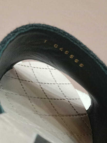 Chanel Wedge Sandals Black Canvas Embroidered Interlocking CC Logo Size 36