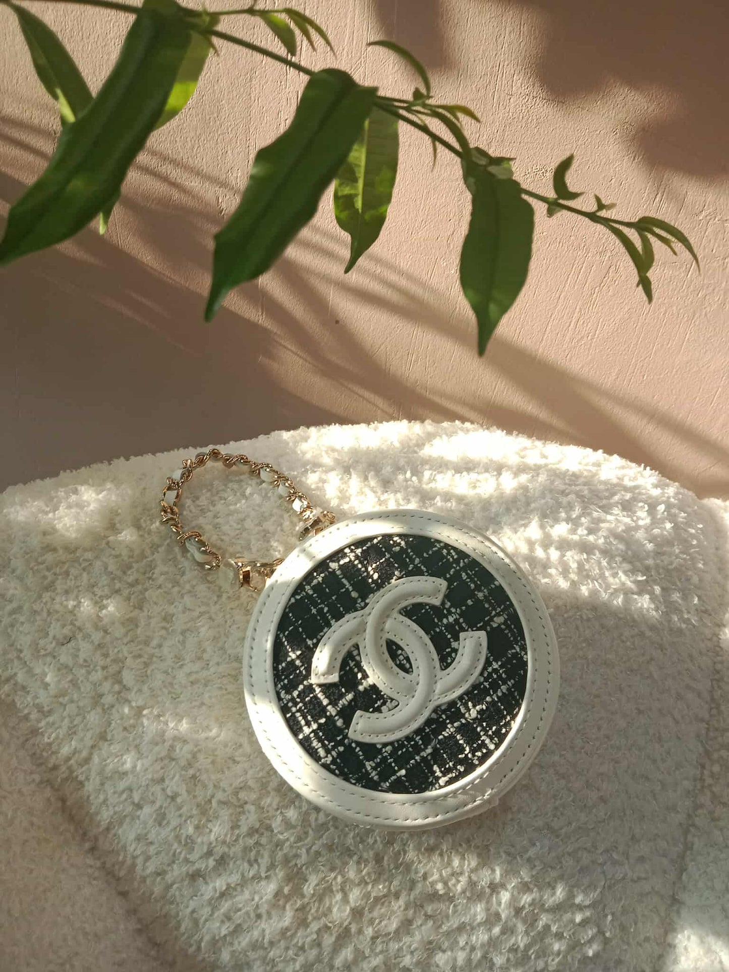 Chanel Tweed Quilted Round Filigree Pouch with Chain Black/White Microchipped