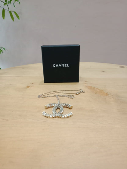 Chanel Crystal CC Pendant Crystal Necklace Silver