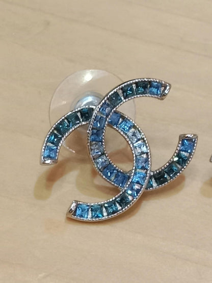 Chanel CC Silver Blue Princess Crystal Stud Earrings