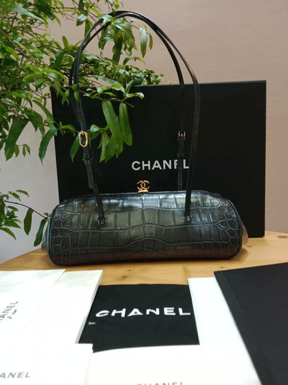 Chanel Crocodile Embossed Calfskin Clutch with Leather Strap Microchipped