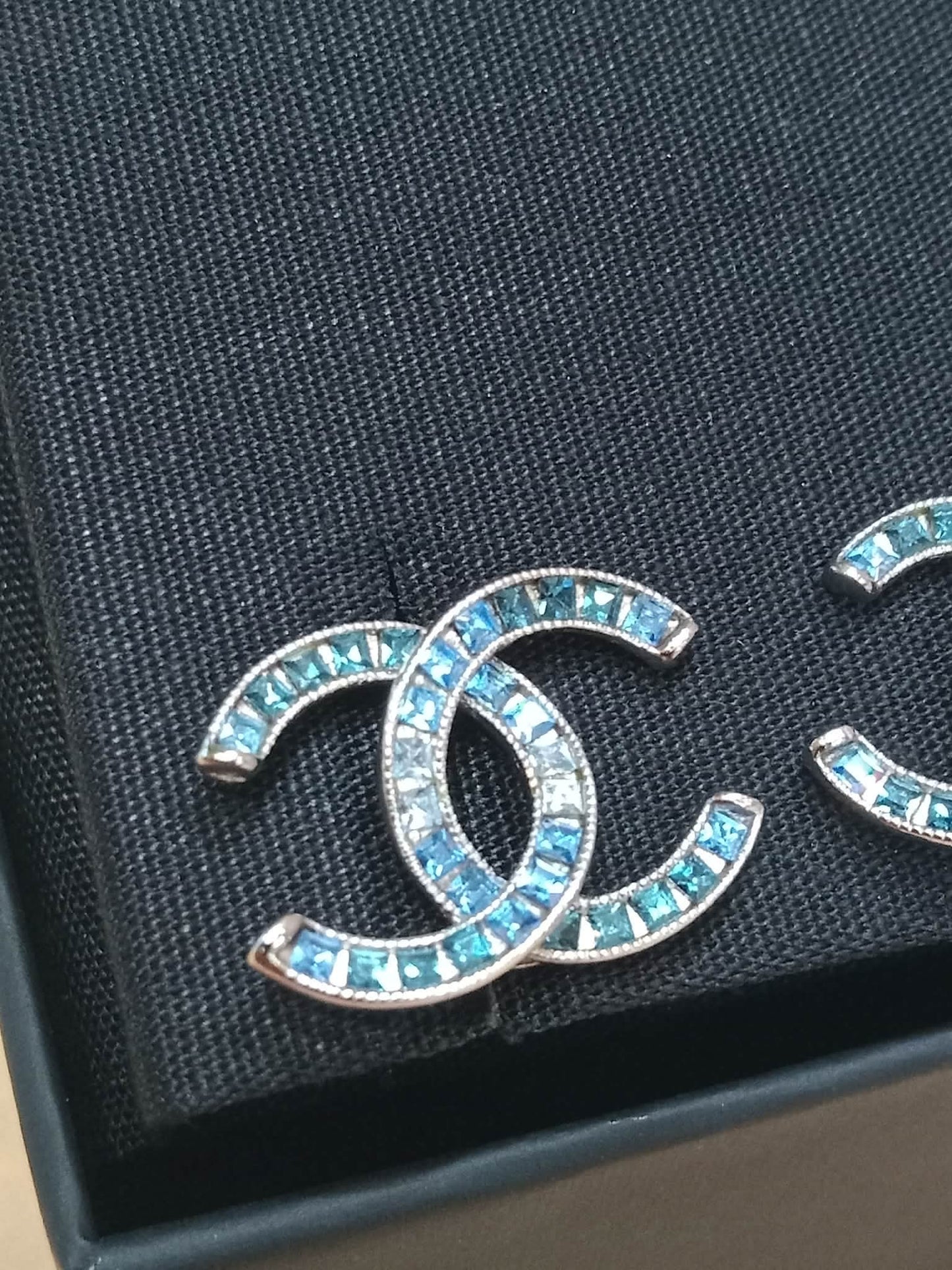 Chanel CC Silver Blue Princess Crystal Stud Earrings
