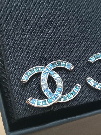Chanel CC Silver Blue Princess Crystal Stud Earrings