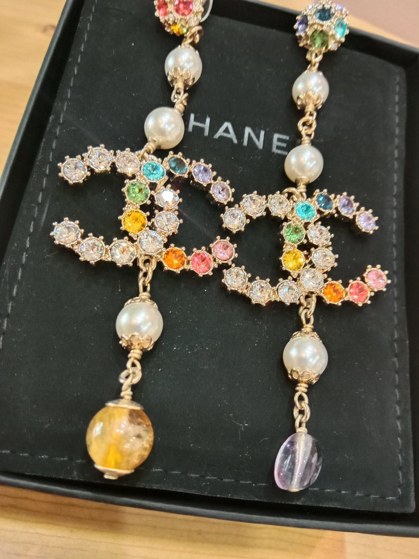 Chanel Rainbow Crystal CC Drop Earrings