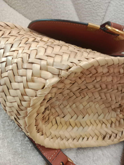 Chloe Marcie Leather Trimmed Raffia Basket Bag Tan