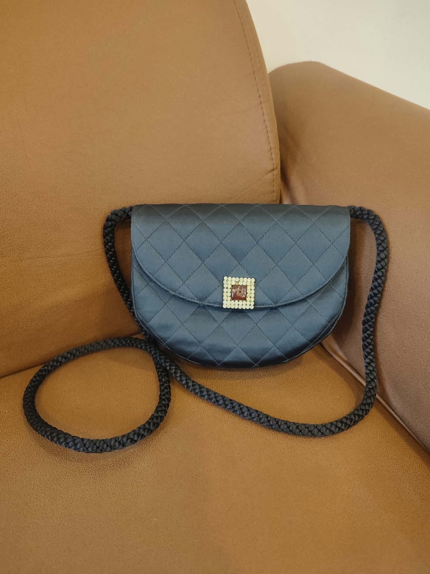 Chanel Quilted Satin Halfmoon Rhinestone Vintage Bag Black Series 0