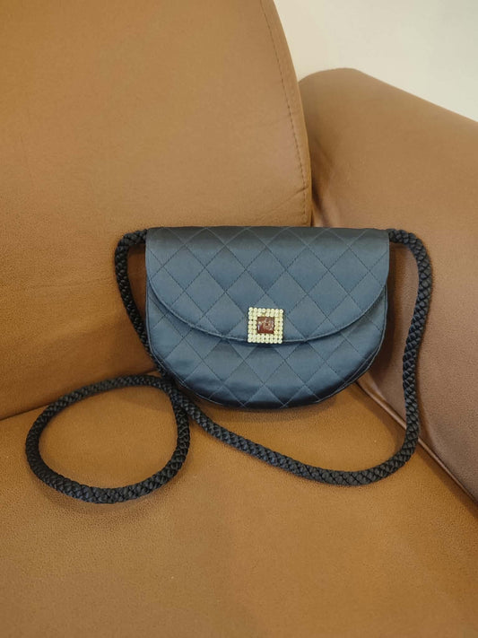 Chanel Quilted Satin Halfmoon Rhinestone Vintage Bag Black Series 0