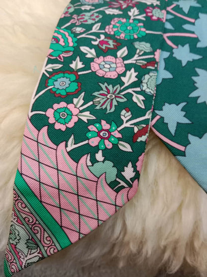 Hermes Tapis Persans Silk Twilly Scarf Featuring an Intricate Floral Pattern in Teal Green/Blue/Pink