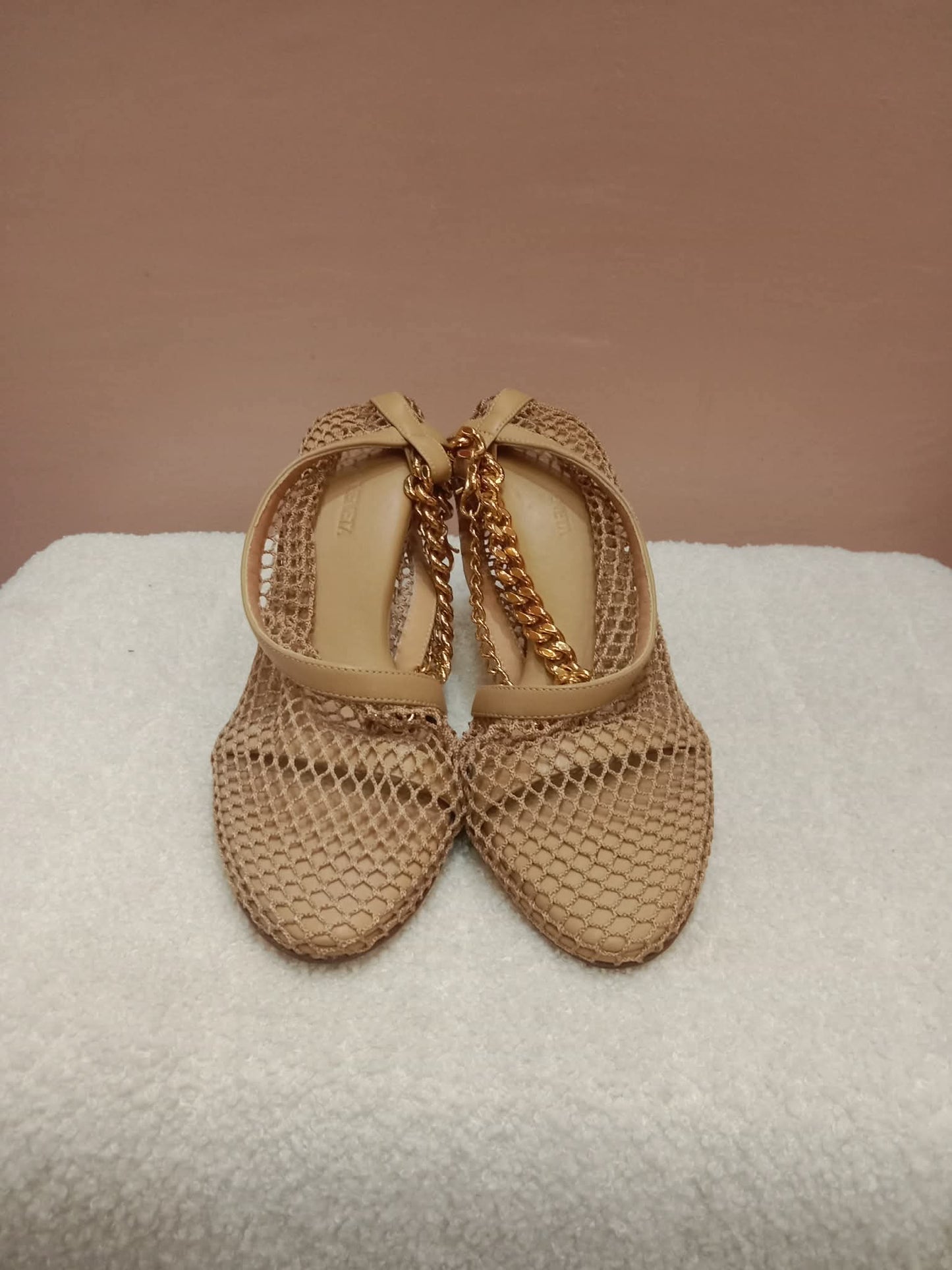 Bottega Veneta Mesh Nappa Chunky Chain Sandals Beige Size 36