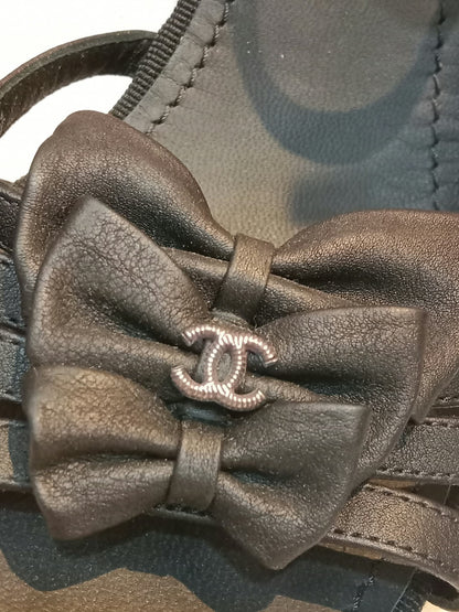Chanel Ankle-Strap Tiered Bow CC Logo Sandals Black Size 37 1/2