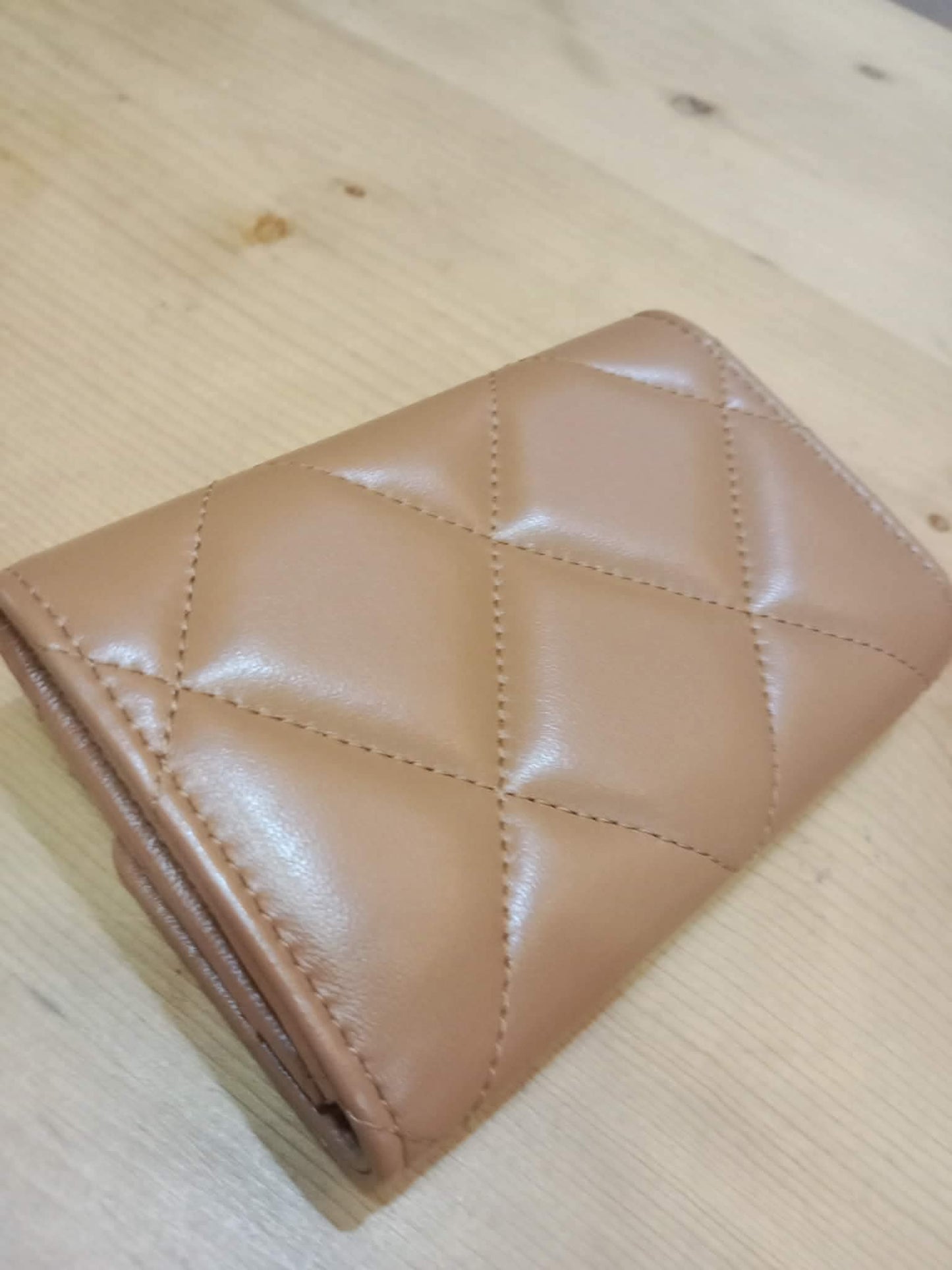 Chanel 19 Trifold Compact Wallet Quilted Lambskin Caramel Microchipped