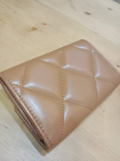 Chanel 19 Trifold Compact Wallet Quilted Lambskin Caramel Microchipped