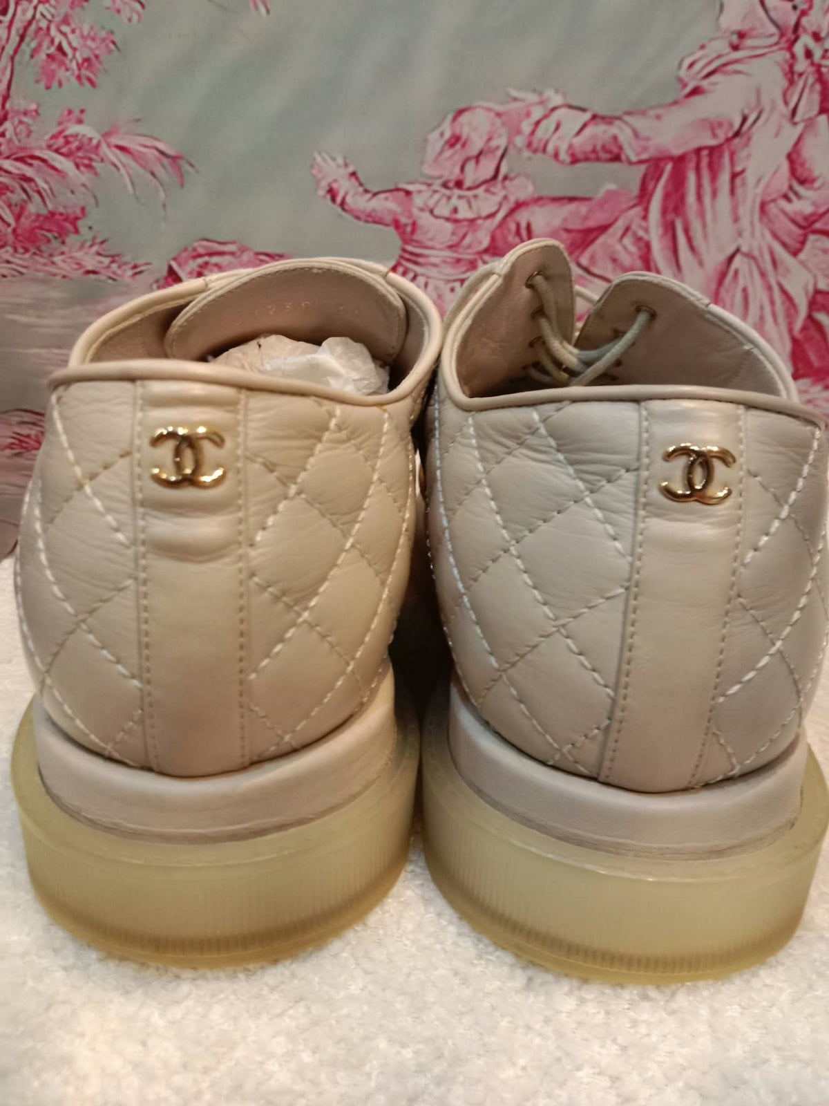 Chanel Interlocking CC Logo Metallic Gold/Beige Lace-up Sneakers with Black Cap Toe Size 35