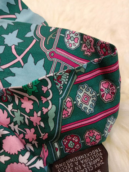 Hermes Tapis Persans Silk Twilly Scarf Featuring an Intricate Floral Pattern in Teal Green/Blue/Pink