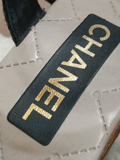 Chanel Wedge Sandals Black Canvas Embroidered Interlocking CC Logo Size 36