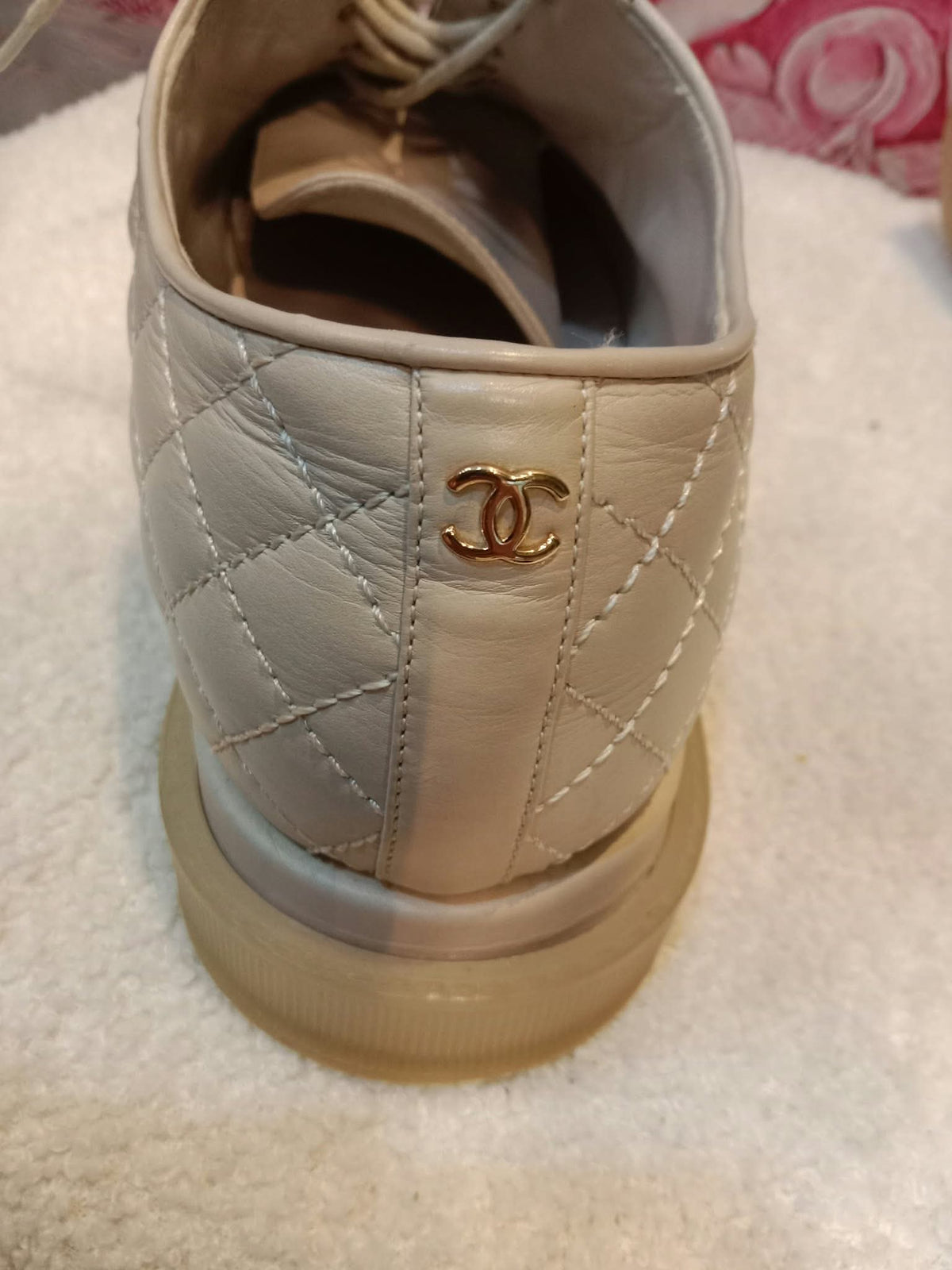 Chanel Interlocking CC Logo Metallic Gold/Beige Lace-up Sneakers with Black Cap Toe Size 35