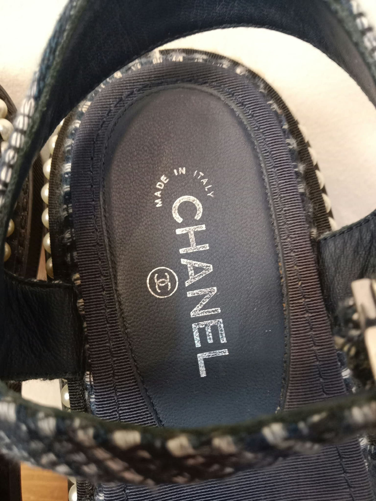 Chanel Navy Tweed Faux Pearl Trimmed Sandals Size 37