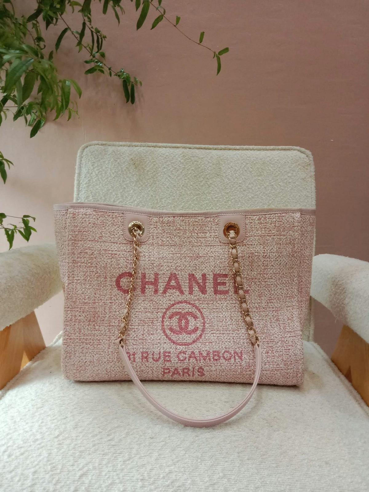 Chanel Deauville Tote Tweed Pink Microchipped