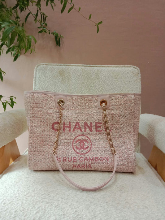 Chanel Deauville Tote Tweed Pink Microchipped