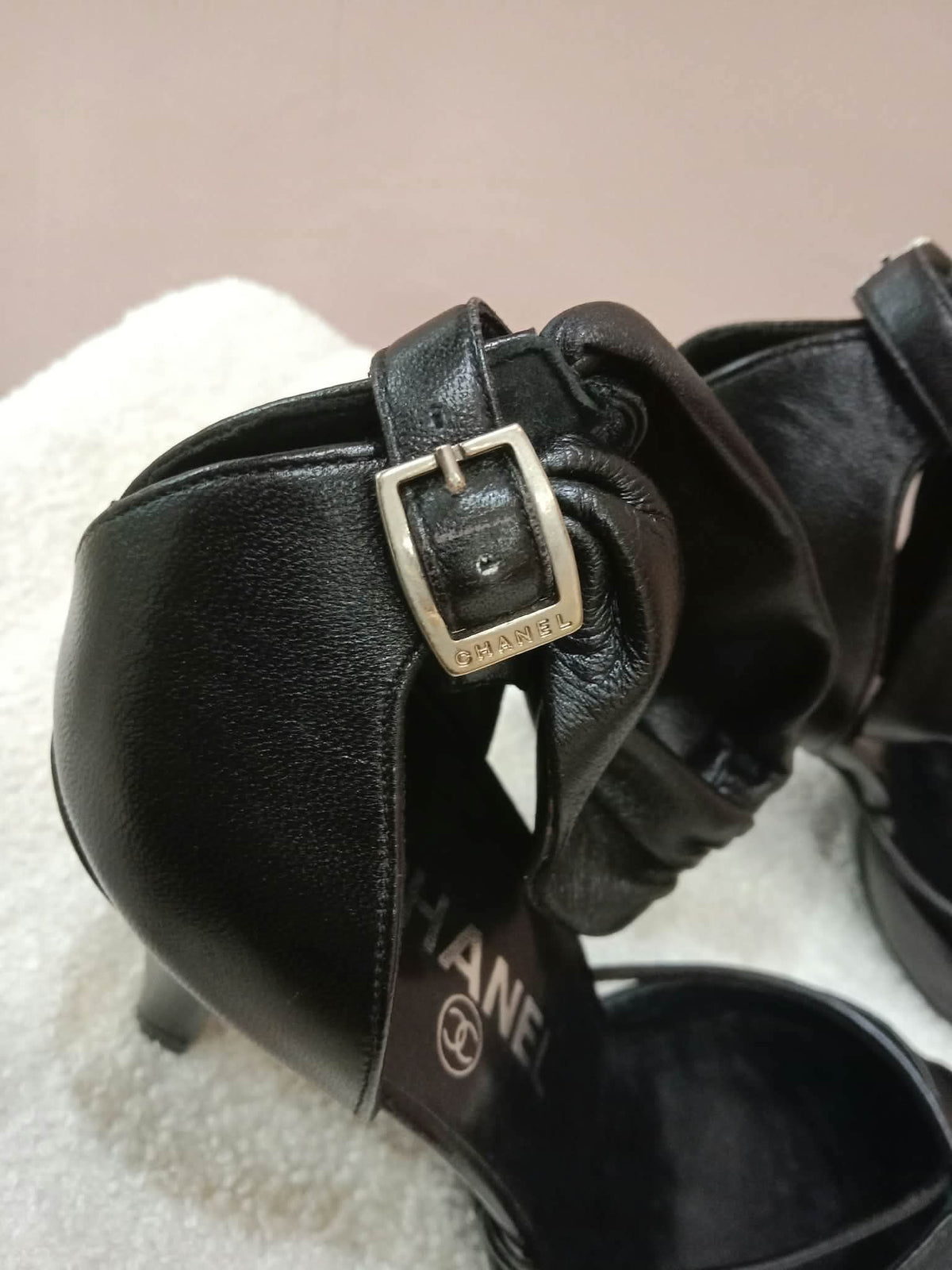 Chanel Black Leather Heels Knotted Toe Design and Draped Ankle Cuff Black Size 38