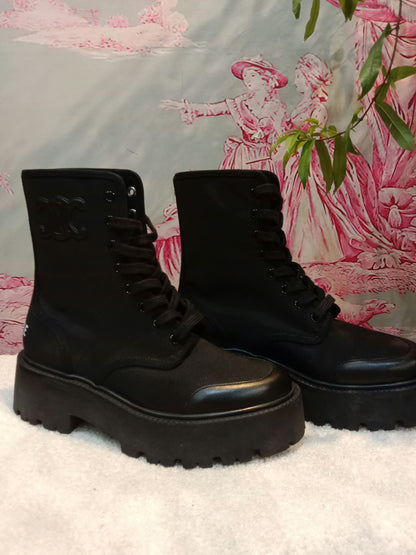 Celine Bulky Laced Up Boots Nylon/Shiny Bull Black Size 37.5