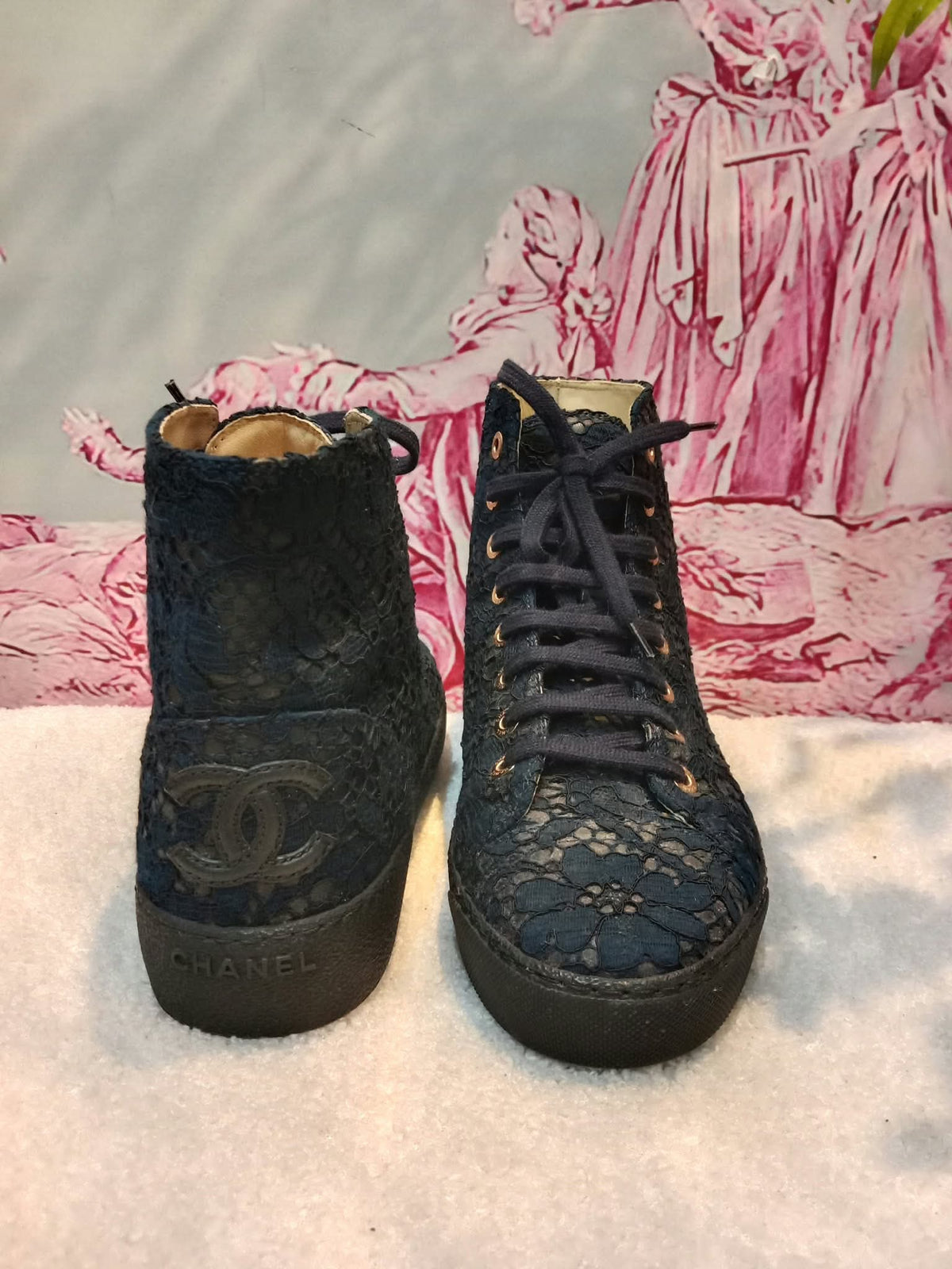 Chanel Navy Blue Floral Lace-Embossed Fabric Hih Top Sneakers Size 37 1/2