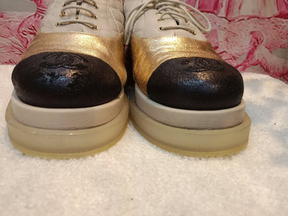 Chanel Interlocking CC Logo Metallic Gold/Beige Lace-up Sneakers with Black Cap Toe Size 35