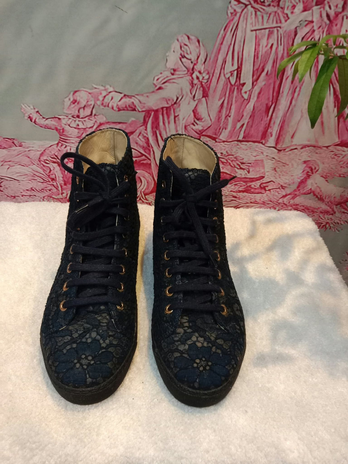 Chanel Navy Blue Floral Lace-Embossed Fabric Hih Top Sneakers Size 37 1/2
