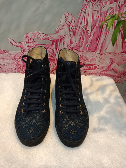 Chanel Navy Blue Floral Lace-Embossed Fabric Hih Top Sneakers Size 37 1/2