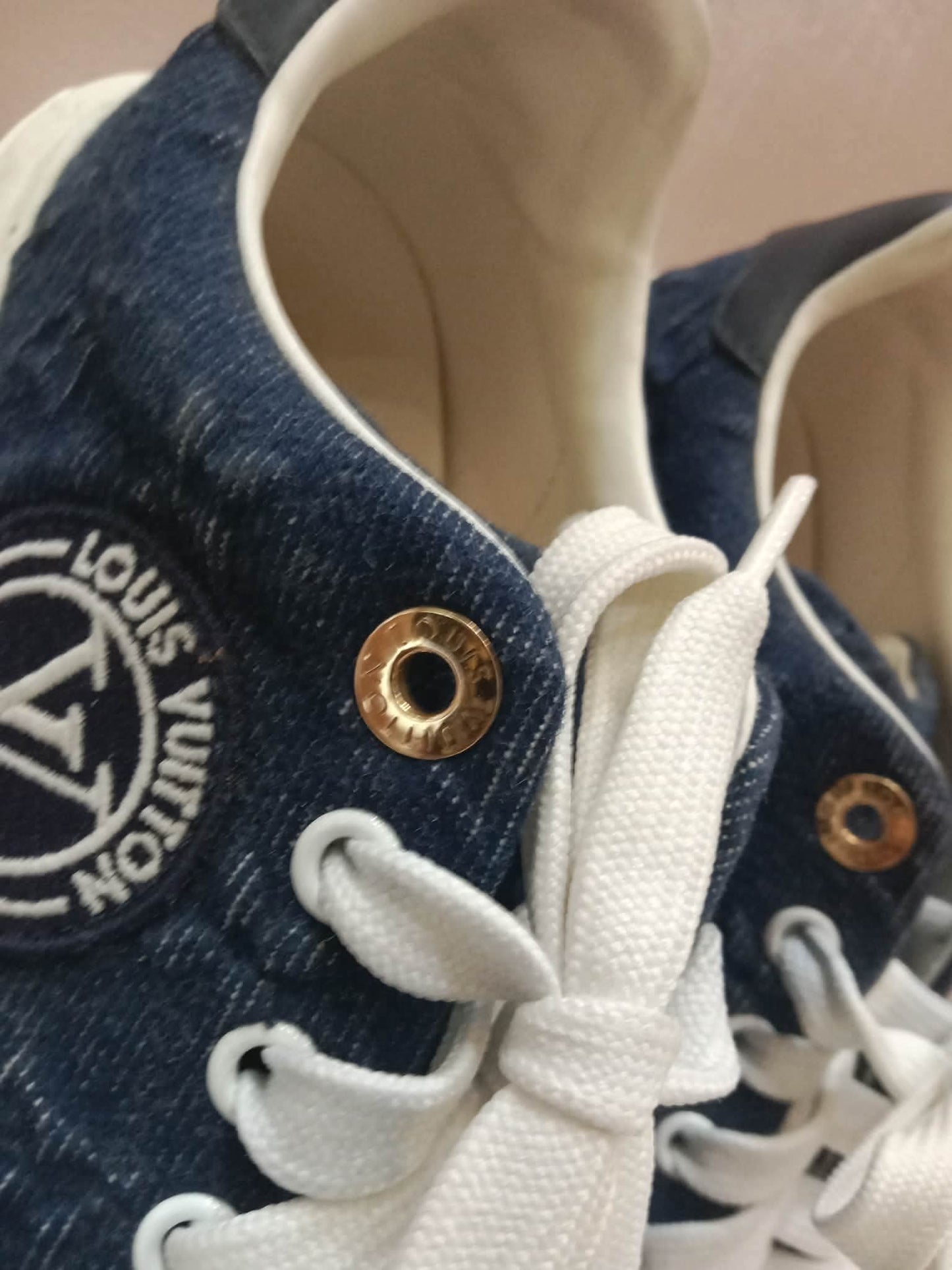 Louis Vuitton Time Out Sneakers Dark Blue Denim Monogram Embossed Pattern Size 37.5