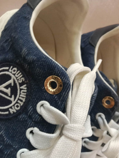 Louis Vuitton Time Out Sneakers Dark Blue Denim Monogram Embossed Pattern Size 37.5
