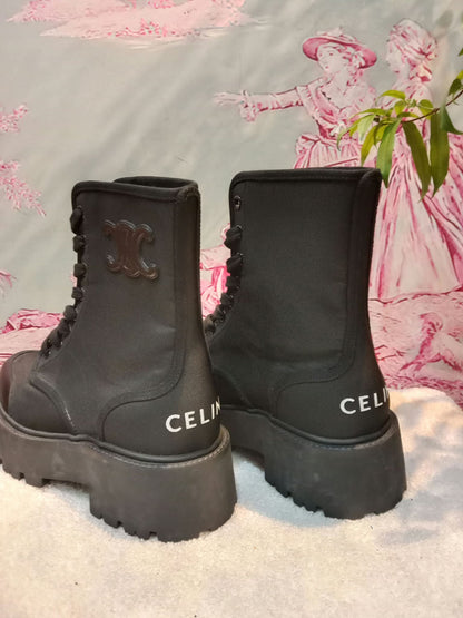 Celine Bulky Laced Up Boots Nylon/Shiny Bull Black Size 37.5