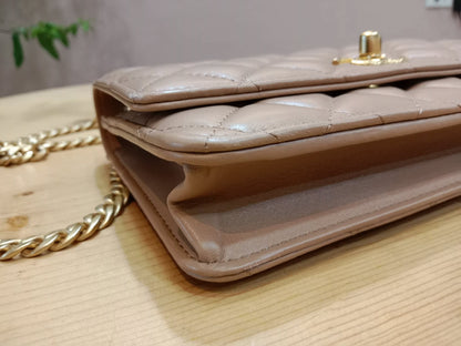 Chanel Quilted Wallet On Chain Lambskin Beige Microchipped