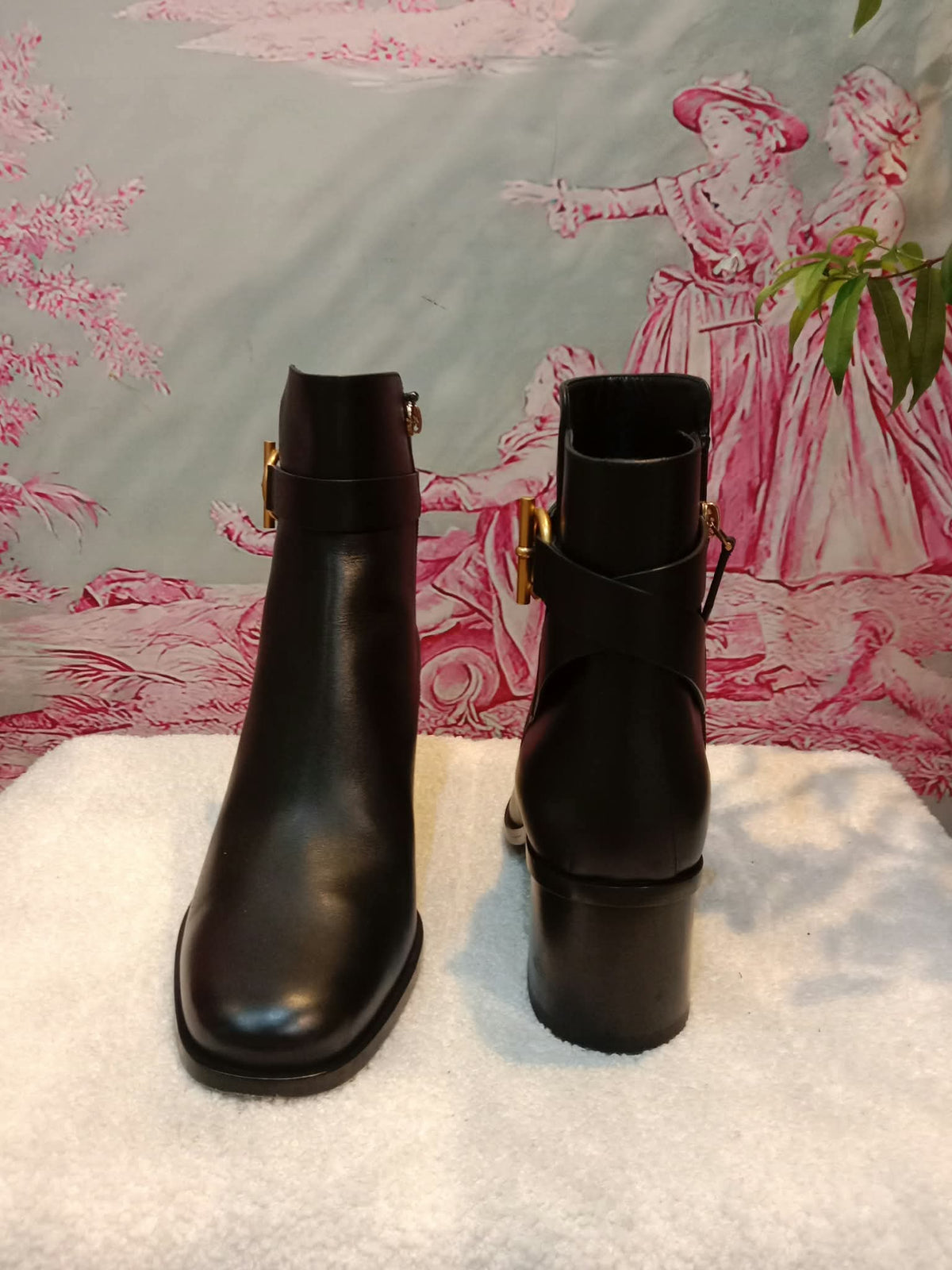 Hermes Jill 60 Ankle Boots Black Calfskin Aged Golden "Glenan" Nautical-Style Buckle Size 38.5