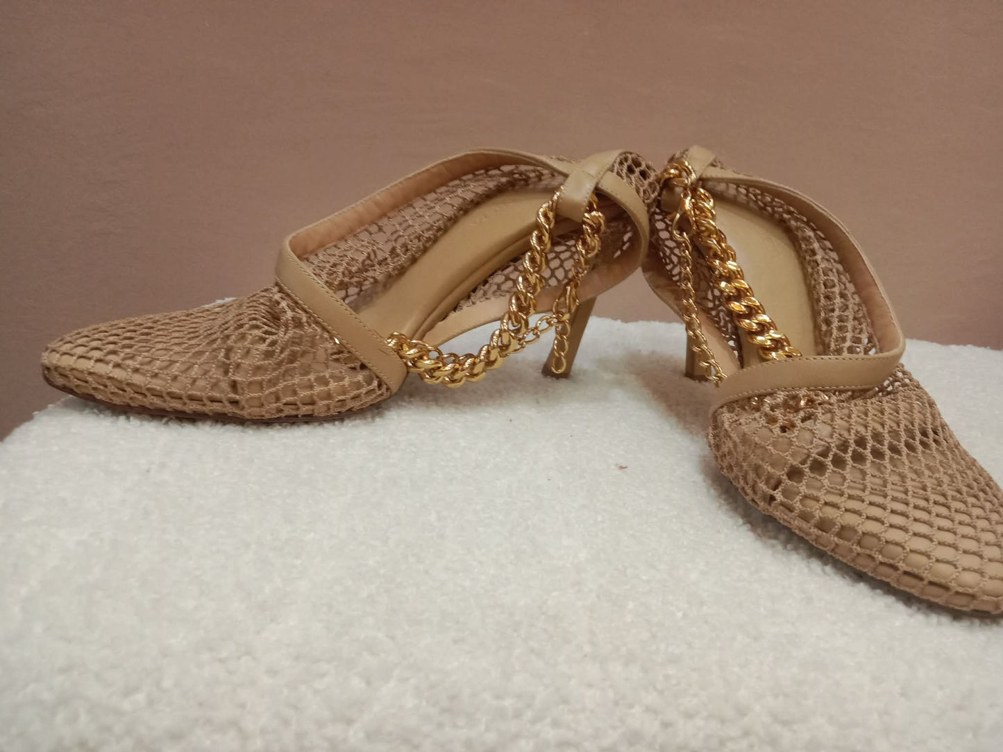Bottega Veneta Mesh Nappa Chunky Chain Sandals Beige Size 36