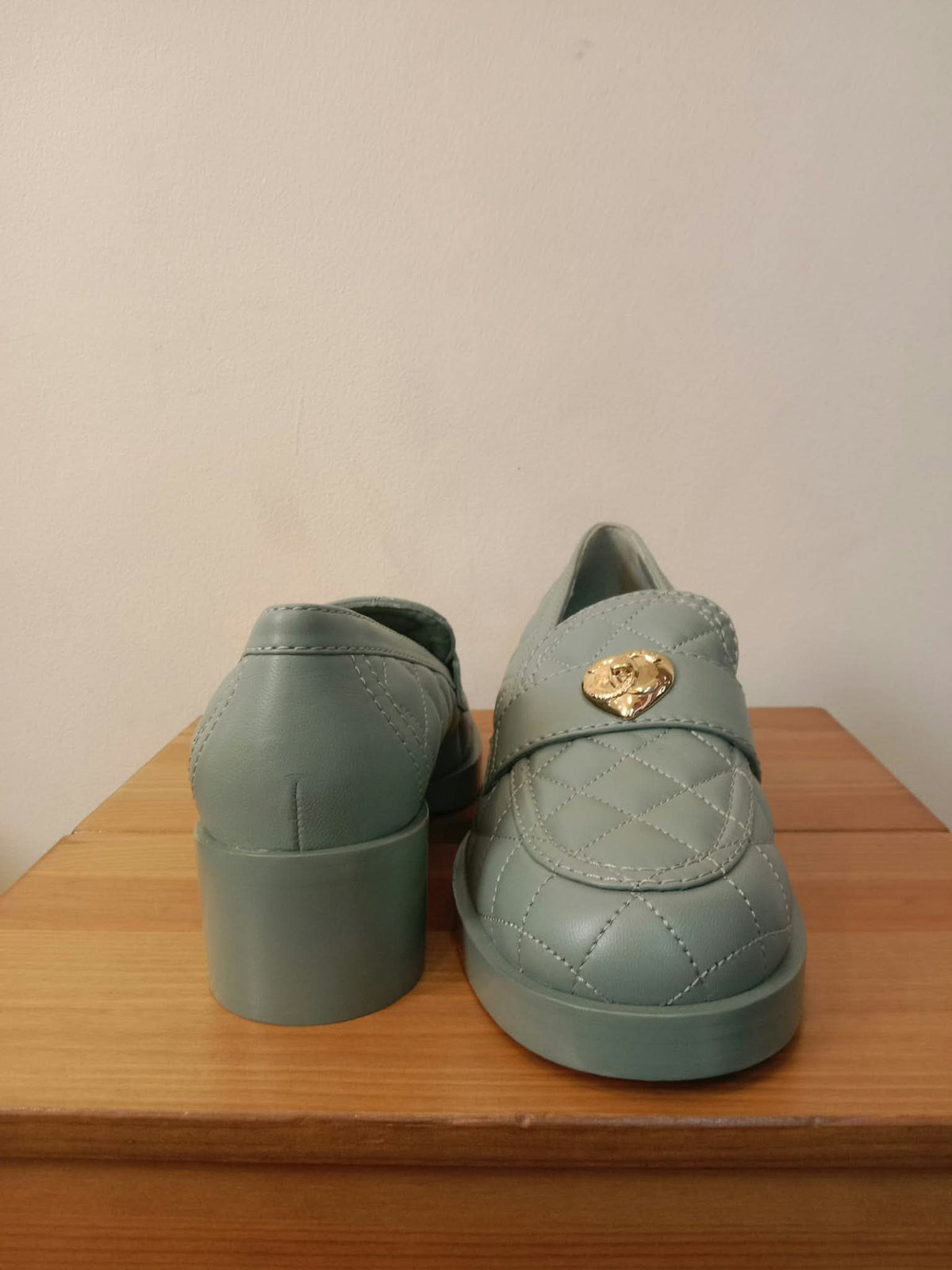 Chanel Quilted Chunky-Heeled Loafers Lambskin Light Teal Size 36.5