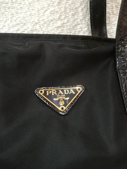 Prada Vintage Tessuto Tote Nylon/Crocodile Embossed Leather Bag