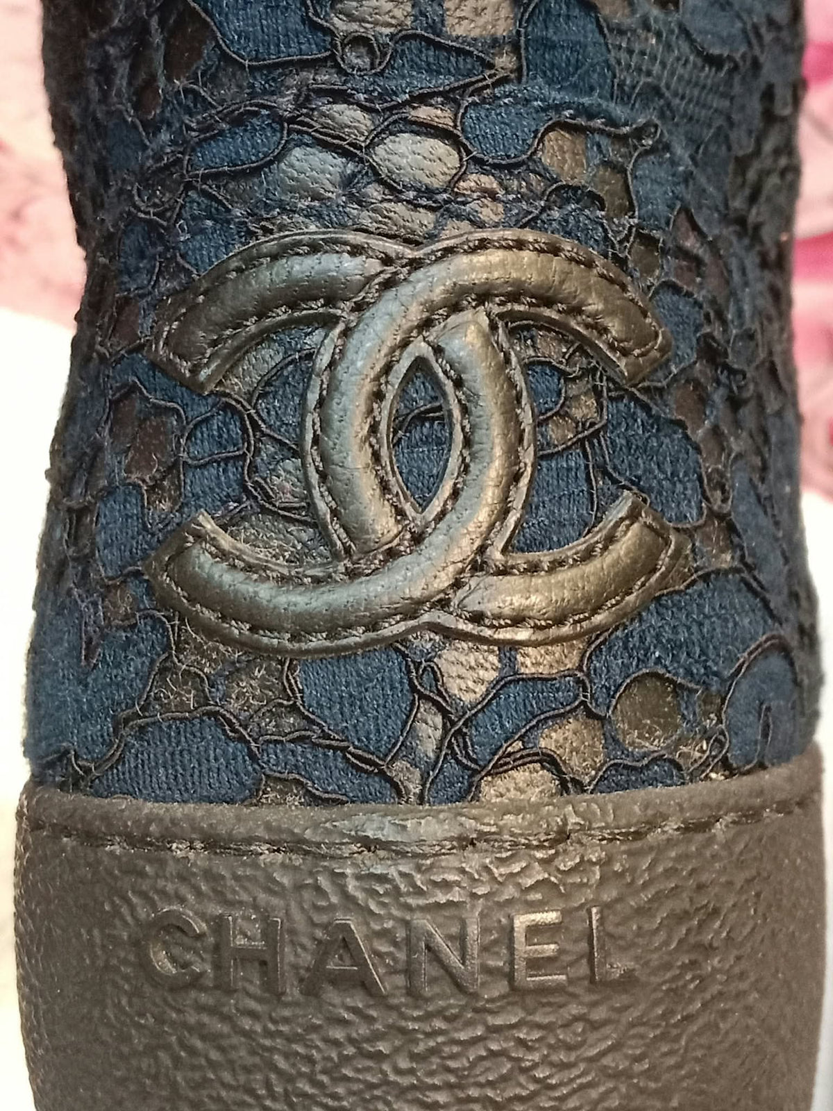 Chanel Navy Blue Floral Lace-Embossed Fabric Hih Top Sneakers Size 37 1/2