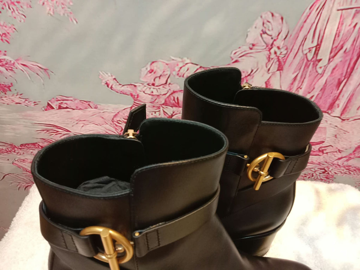 Hermes Jill 60 Ankle Boots Black Calfskin Aged Golden "Glenan" Nautical-Style Buckle Size 38.5