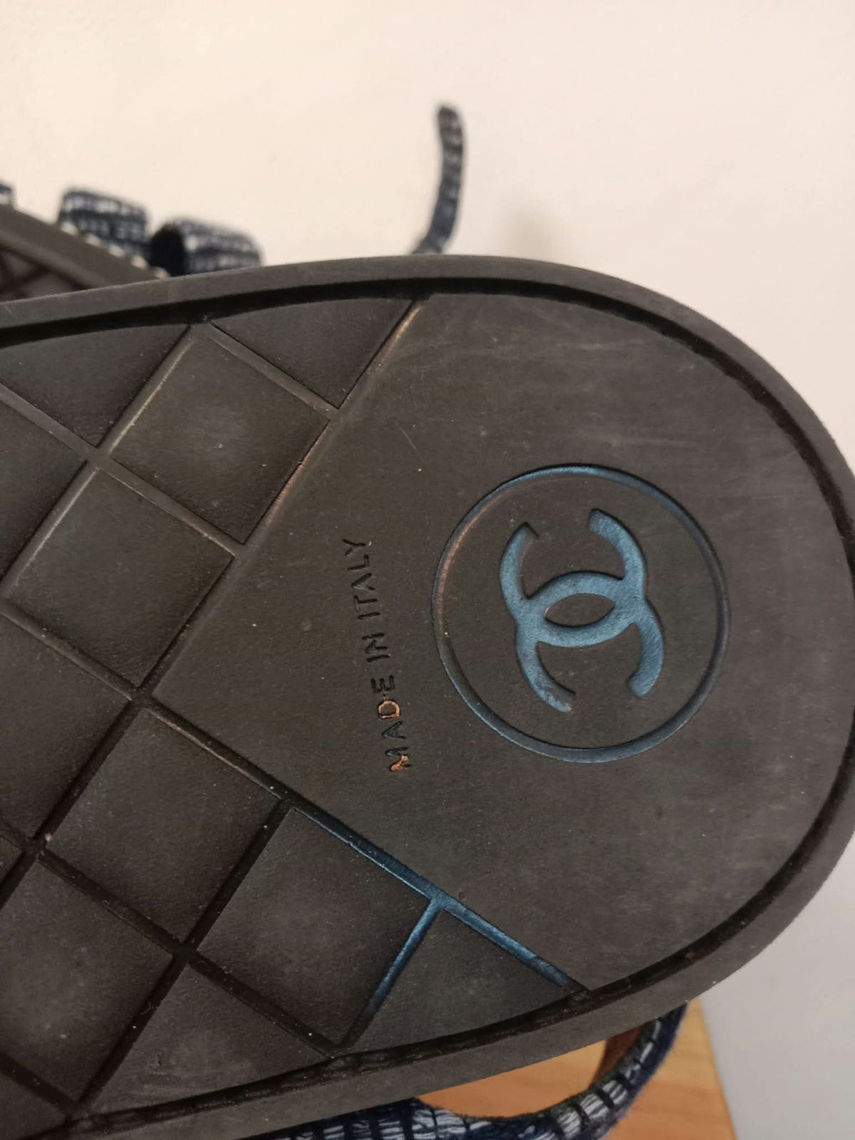 Chanel Navy Tweed Faux Pearl Trimmed Sandals Size 37