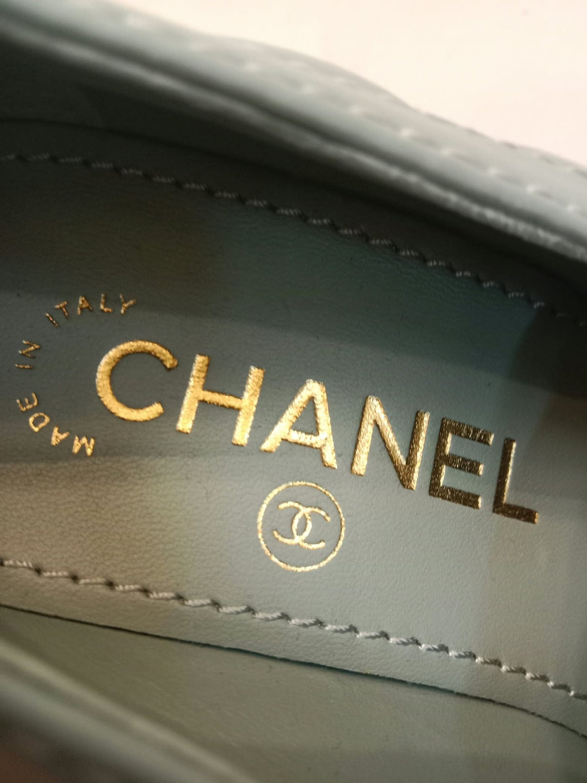 Chanel Quilted Chunky-Heeled Loafers Lambskin Light Teal Size 36.5