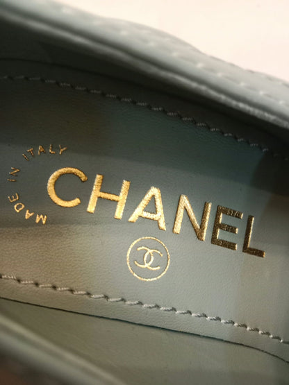 Chanel Quilted Chunky-Heeled Loafers Lambskin Light Teal Size 36.5