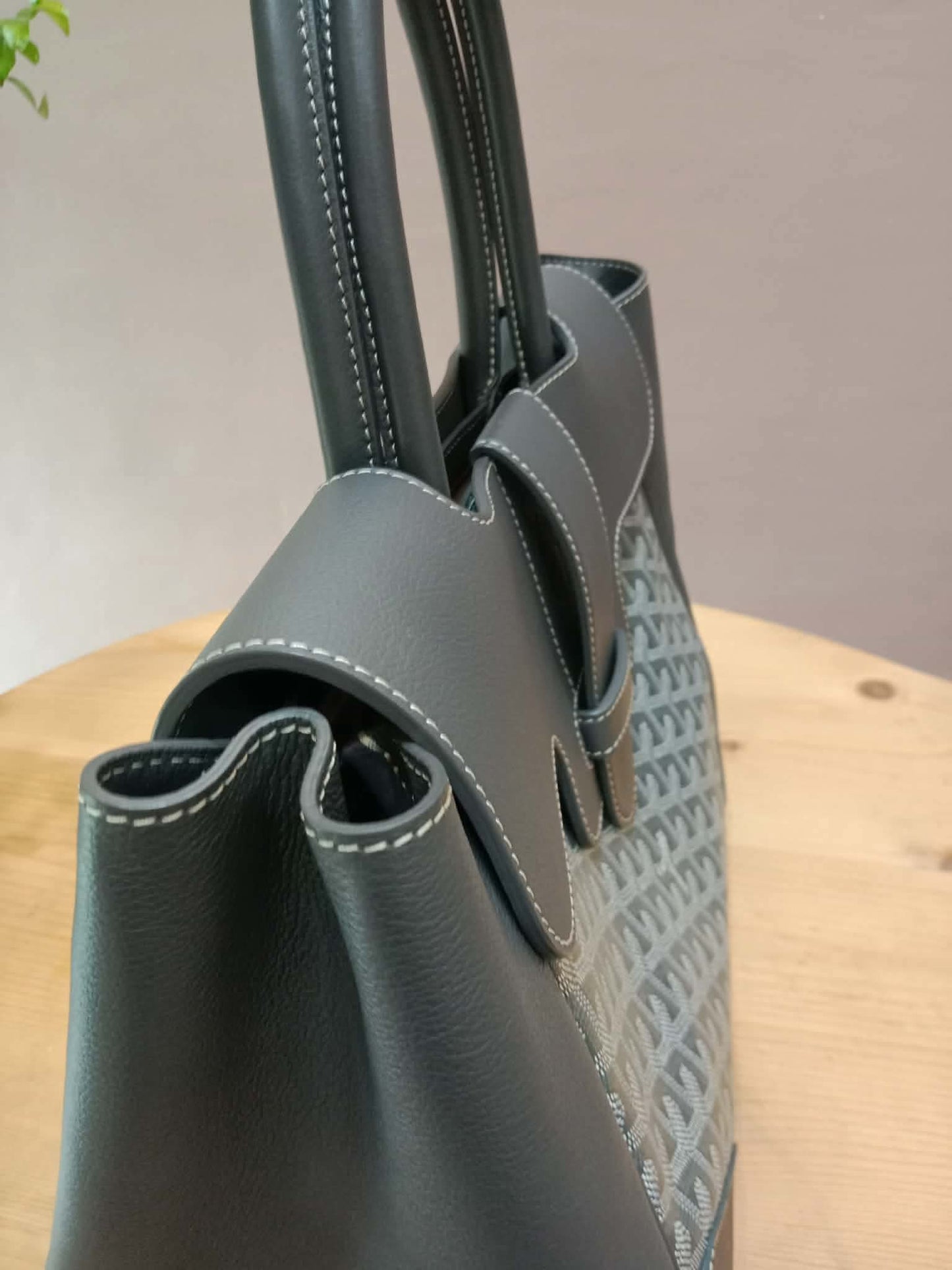 Goyard Saigon Tote Bag Goyardine Canvas with Structured Leather Trim Gris MM