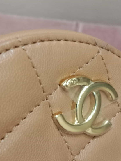 Chanel 21P Round Clutch Lambskin with Multicolor Ribbon-Woven Chain Strap Caramel Series 30