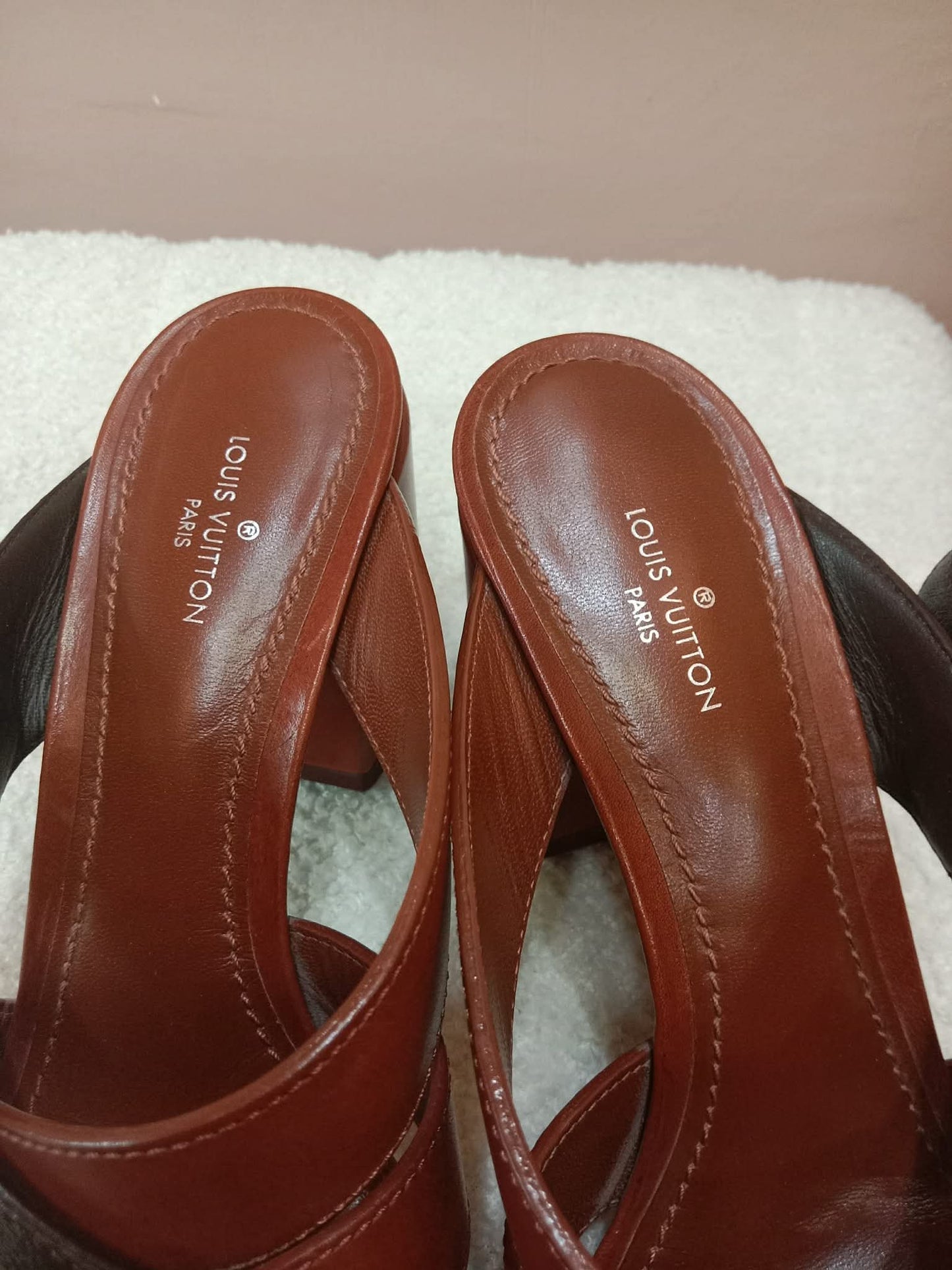 Louis Vuitton Horizon Block Heels Slide Sandals Monogram Leather Brown Size 36