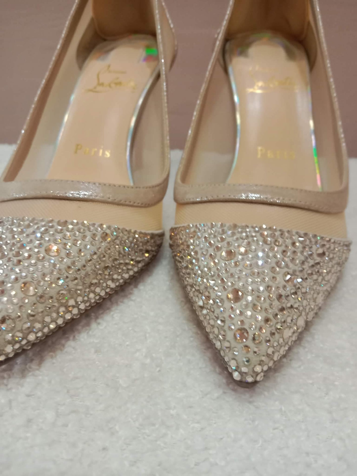 Christian Louboutin Galativi Pumps Beige Suede/Mesh with Crystal Embellishments Size 36