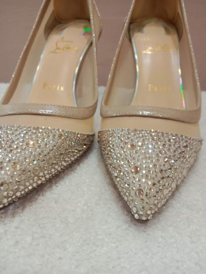 Christian Louboutin Galativi Pumps Beige Suede/Mesh with Crystal Embellishments Size 36