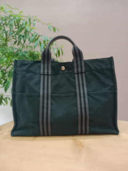 Hermes Ferrou Canvas Tote Black/Gray SHW