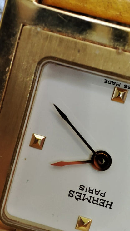 Hermes Vintage Gold Plated Medor Watch Epsom Yellow Stamp Y Circle 1995